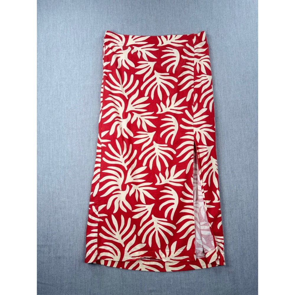 A New Day Red Cream Tropical Leaf Print Linen Blend Midi Skirt Side‎ Slit Large